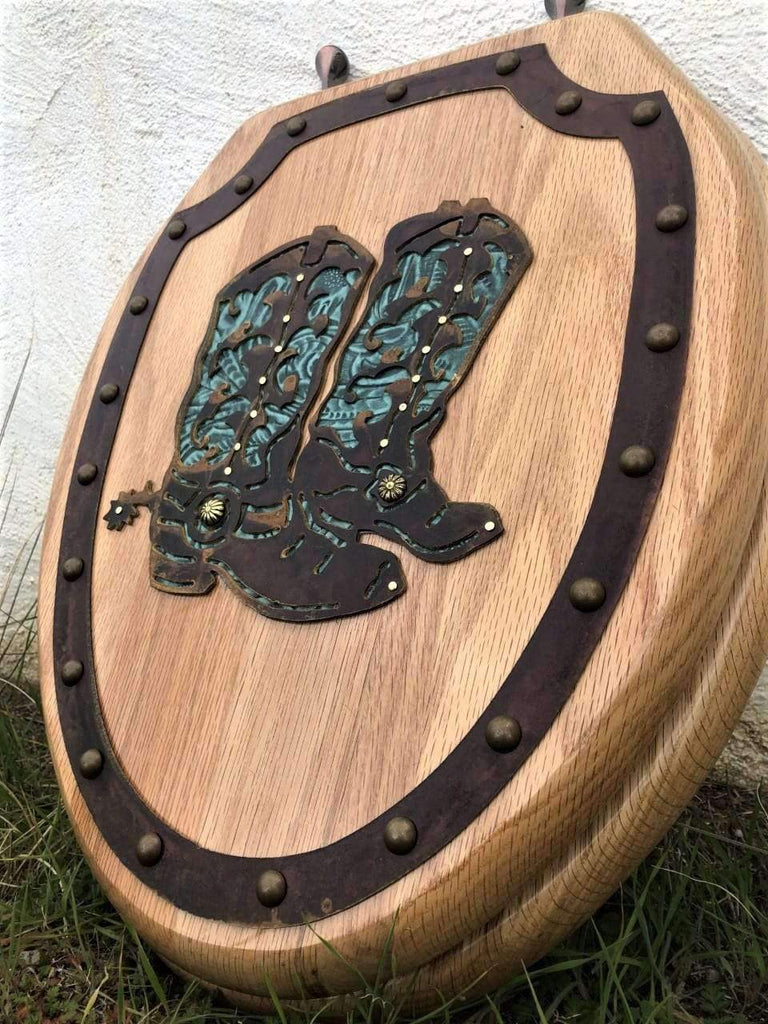 Cowboy boots and turquoise leather western toilet seat. Your Western Decor