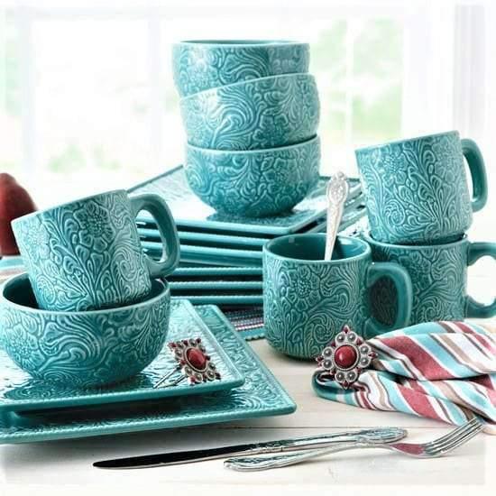 Turquoise embossed ceramic dinnerware 16-pc set - Your Western Decor