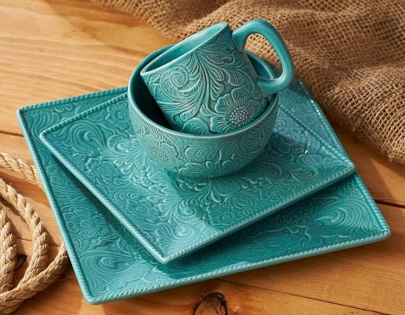 Turquoise embossed ceramic dinnerware 16-pc set - Your Western Decor