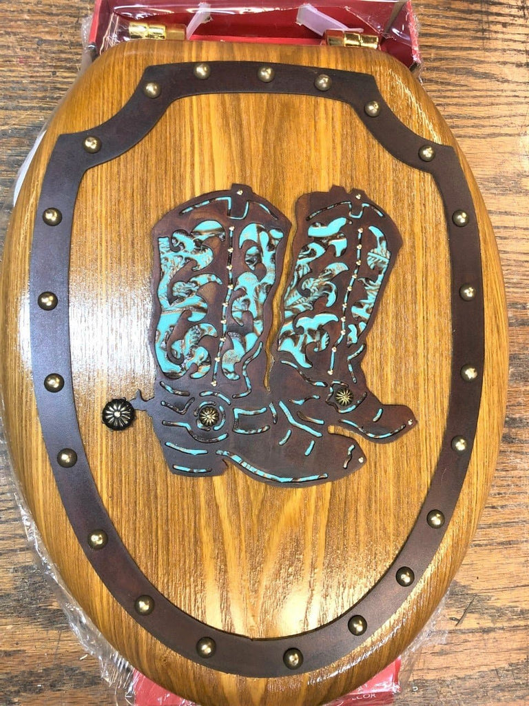 Cowboy boots and turquoise leather decorated western toilet seat. Custom made in the USA. Your Western Decor