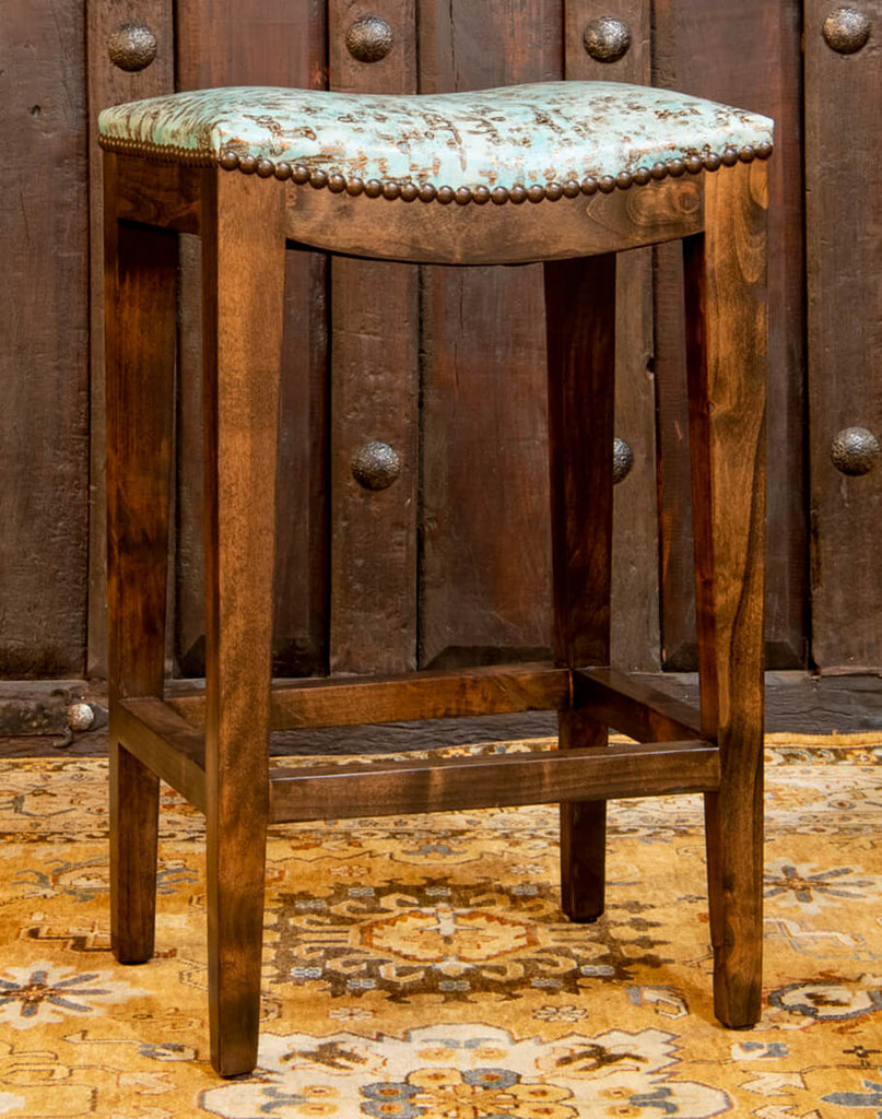 Ultimate Western Saddle Stool with turquoise embossed leather seat - Your Western Decor