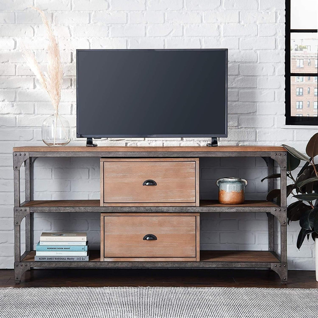 Weathered oak and iron rustic industrial tv stand. Your Western Decor