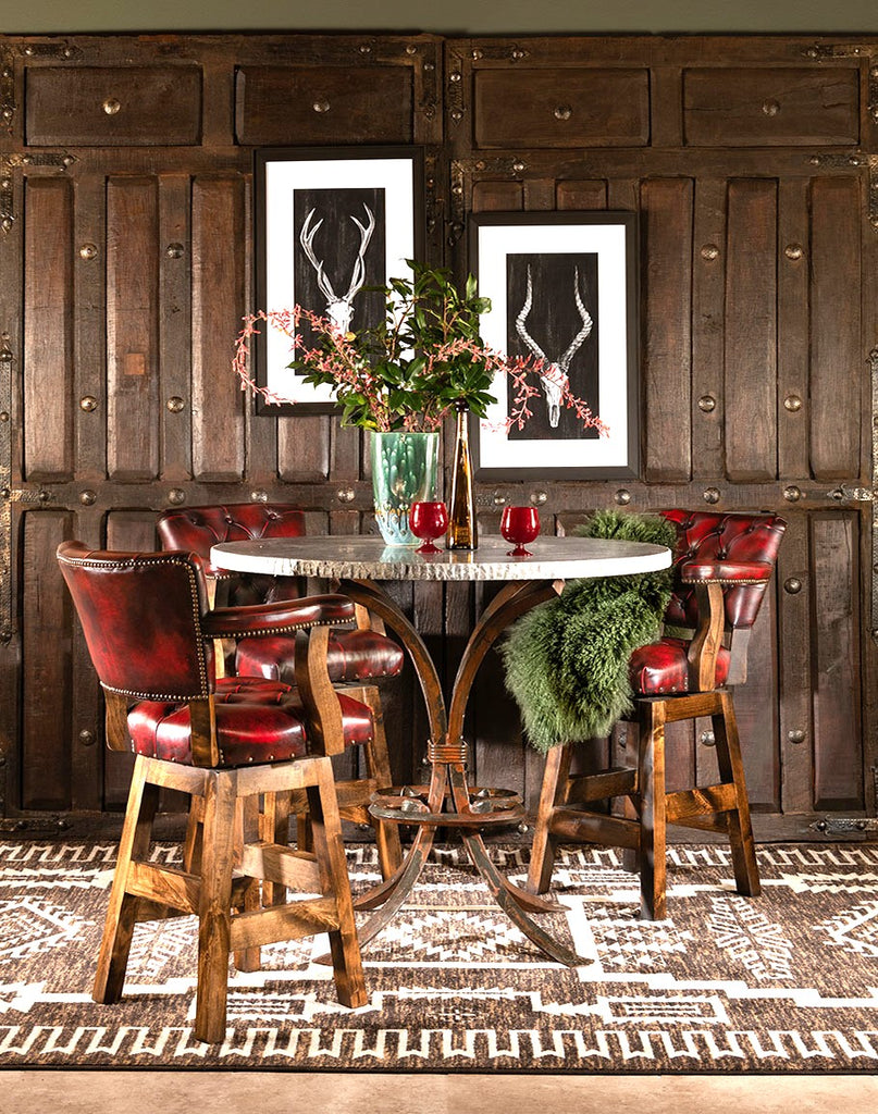 Burnished Red Leather Western Barstool and travertine table made in the USA - Your Western Decor