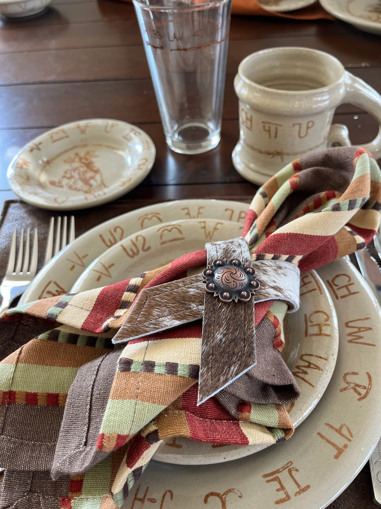 Timberline Napkin, cowhide napkin ring and branded tableware - Your Western Decor
