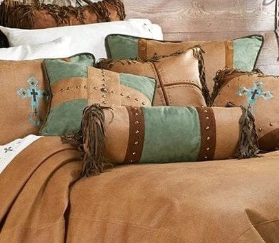 Las Cruces Gold Studded Cross Tan & Turquoise Throw Pillow