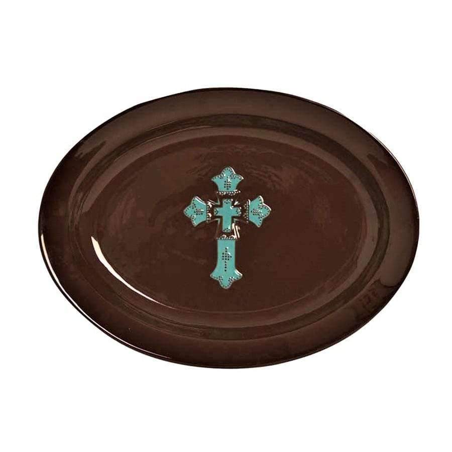 Dark brown oval serving platter with turquoise star - Your Western Decor, LLC