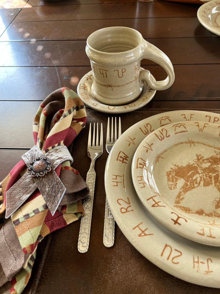 bronc and brands bread plate, salad plate, cup, saucer, napkin ring and flatware - Your Western Decor