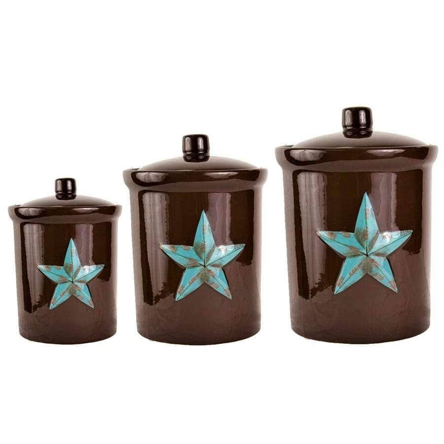 Turquoise western stars over dark brown. Stoneware canister set. Your Western Decor.