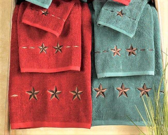 red and turquoise bathroom towel sets with embroidered stars. Your Western Decor