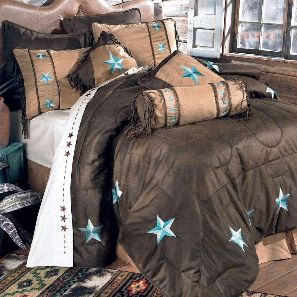 western bedding set with turquoise star embroidered on comforter and pillows - Your Western Decor, LLC