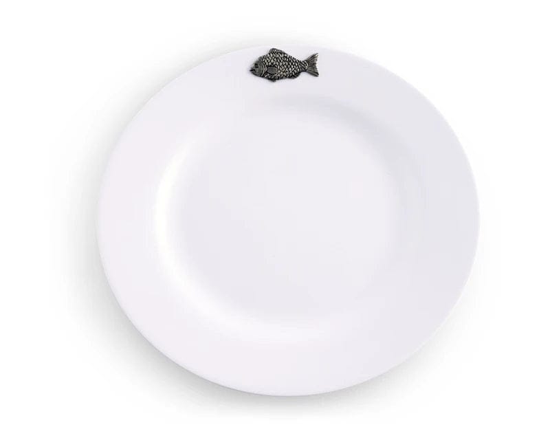 white melamine 10" plates with carved pewter fish on the rim - set of 4 - Your Western Decor