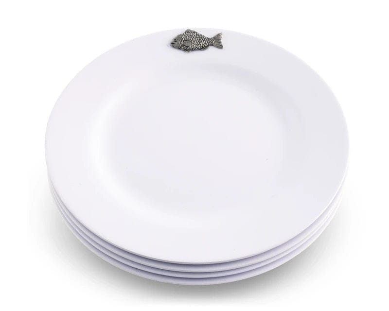 white melamine 10" plates with carved pewter fish on the rim - Your Western Decor