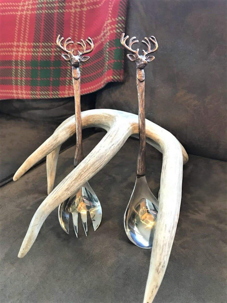 stainless copper handled, white tail buck serving set