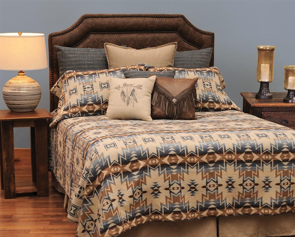 Woodland waterfall coverlet and butte leather headboard. Made in the USA. Your Western Decor