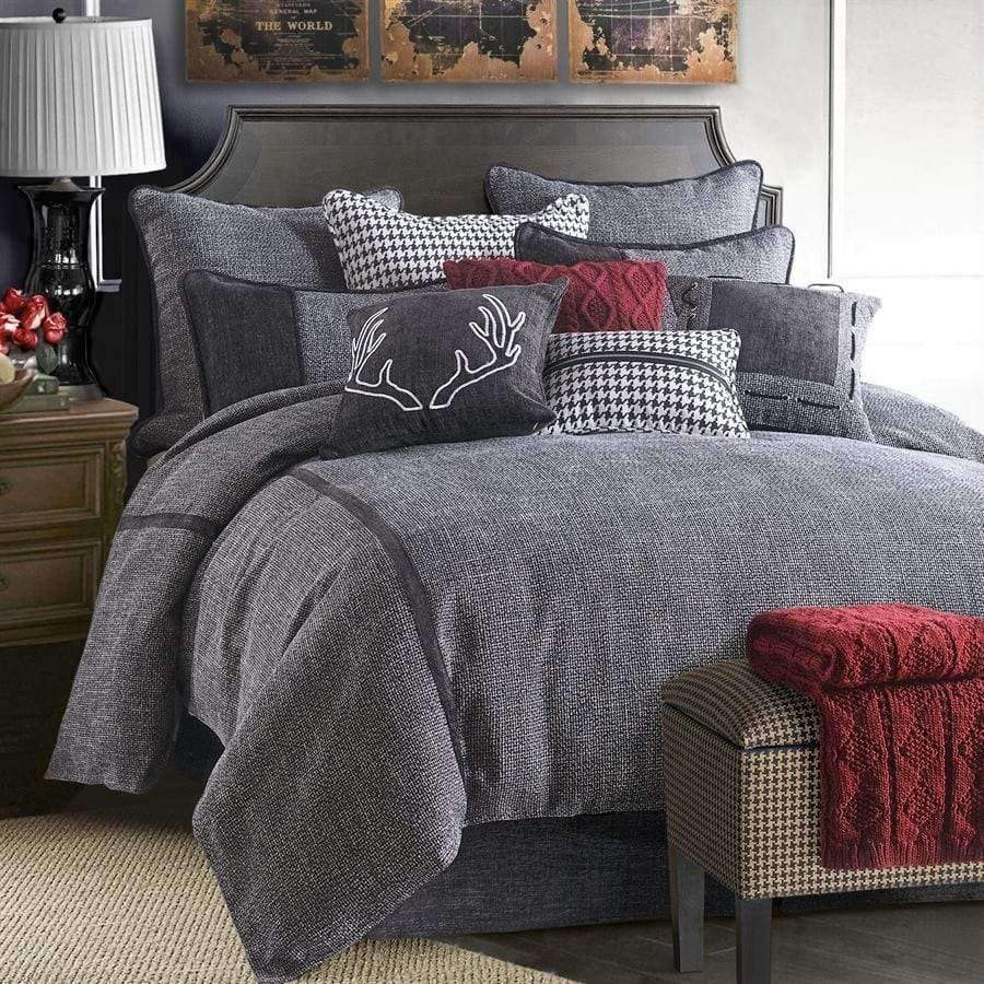 Woven grey comforter set with red knitted throw. Your Western Decors