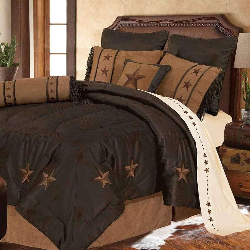 Dark chocholate comorter with gold/tan embroidered stars. Free Shipping. Your Western Decor